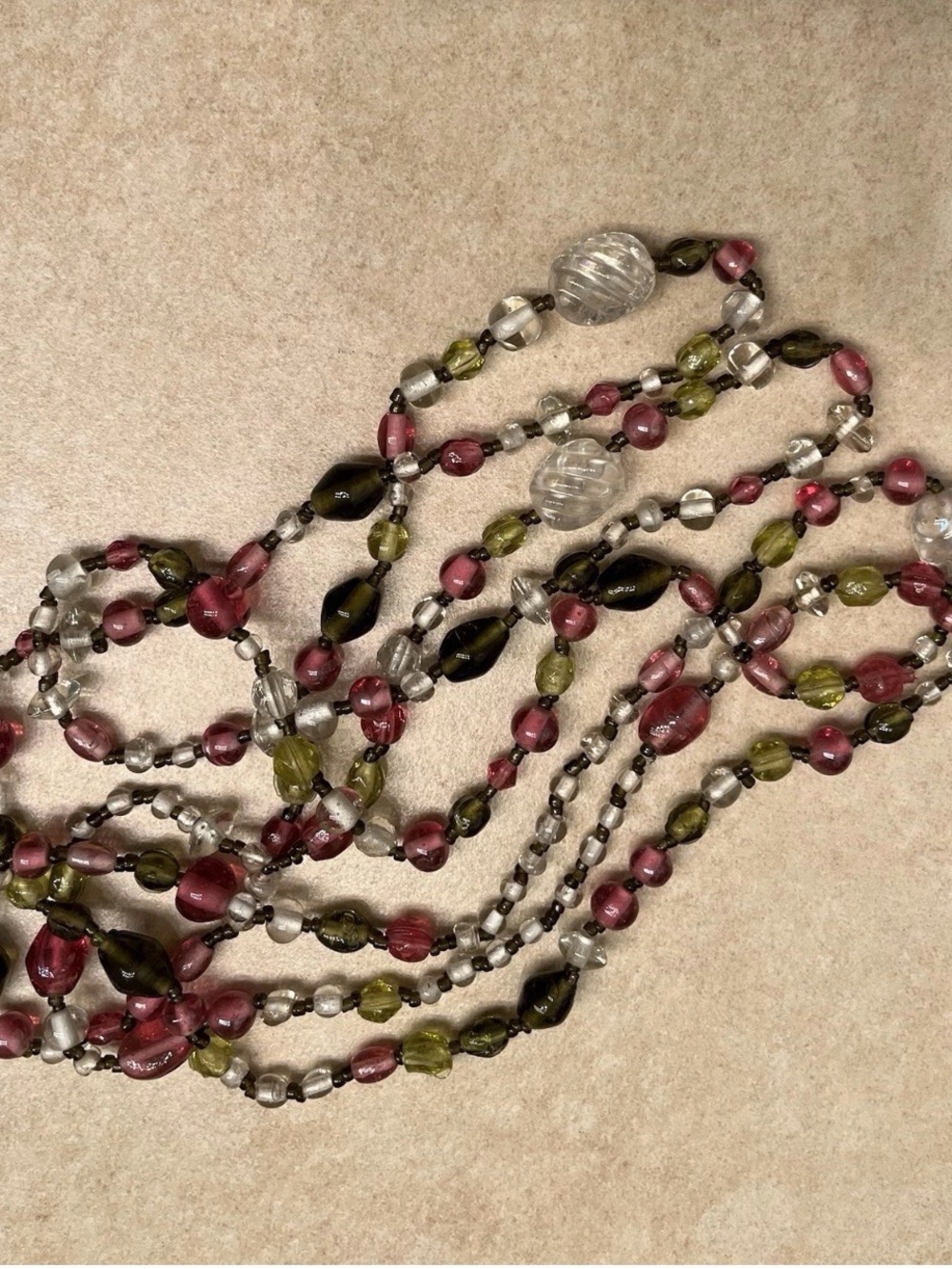 Green Pink White Single Strand Glass Bead Necklace Can Double Or Triple Up